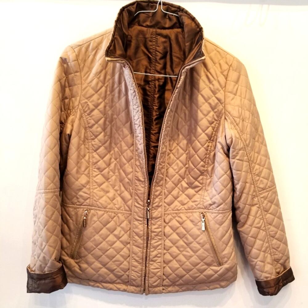 Weather Tamer Quilted Reversible Tan Brown Zipper Jacket Pockets Size‎ L
